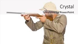  Presentation with cross desert tourists in safari - Cool new slide deck with safari hunter isolated on white backdrop and a  colored foreground