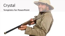  Presentation with cross desert tourists in safari - Slides enhanced with safari hunter isolated on white background and a  colored foreground