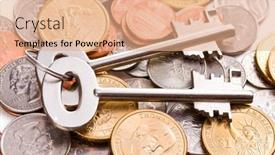  Presentation with safe - Amazing PPT theme having safe key with coins backdrop and a coral colored foreground