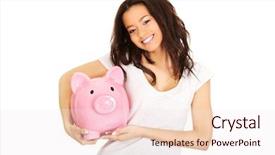  Presentation with african fabric - Slide deck enhanced with safe money - happy african woman with piggybank background and a sky blue colored foreground