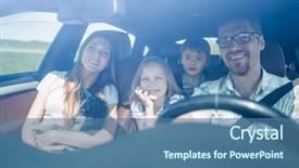  Presentation with portrait happy family smiling - PPT layouts enhanced with safe travel - happy family travelling by car background and a  colored foreground