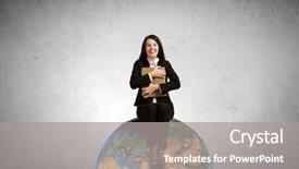  Presentation with planet mars and earth - Slide deck having safe travel - young woman sitting on earth background and a  colored foreground