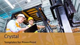  Presentation with truck driver - Presentation design featuring safety - asian fork lift truck driver background and a gold colored foreground