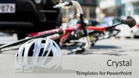  Presentation with accident - Theme with safety - close-up of a bicycling helmet background and a light gray colored foreground