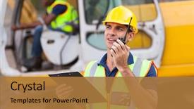  Presentation with foreman - Colorful PPT theme enhanced with safety - construction foreman talking on walkie-talkie backdrop and a coral colored foreground