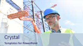  Presentation with building construction - Slide deck featuring safety - construction supervisor inspecting building site background and a light blue colored foreground