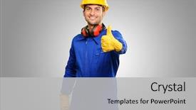  Presentation with engineering desk of civil engineer - Theme having safety - engineer with thumb up sign background and a light gray colored foreground