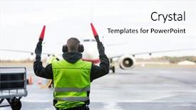  Presentation with airplane - PPT theme with safety - ground crew signaling to airplane background and a cool aqua colored foreground