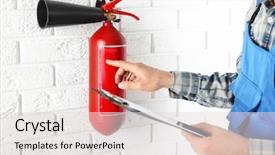  Presentation with brick - PPT layouts having safety - man inspecting the fire extinguisher background and a light gray colored foreground