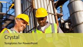  Presentation with petrochemical - Amazing PPT layouts having safety - petrochemical co-workers working at refinery backdrop and a yellow colored foreground