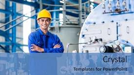  Presentation with worker safety - Amazing PPT layouts having safety - proud asian worker standing backdrop and a teal colored foreground