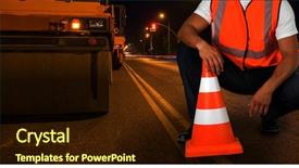  Presentation with road safety - PPT theme enhanced with safety - repairing the road background and a wine colored foreground