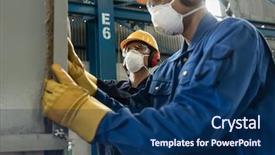  Presentation with industrial workers - Slide set consisting of safety - two blue-collar workers wearing protective background and a navy blue colored foreground