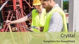  Presentation with social work - PPT layouts enhanced with safety - two young construction workers smiling background and a yellow colored foreground