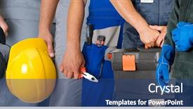  Presentation with equipment - Amazing PPT layouts having safety - workers closeup with equipment backdrop and a ocean colored foreground