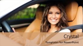  Presentation with safety driving - Presentation theme having safety - young woman driving her car background and a coral colored foreground
