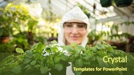  Presentation with environment biotechnology - Cool new PPT layouts with environment biotechnology - female scientist holding potted plants backdrop and a tawny brown colored foreground