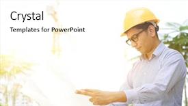  Presentation with construction site construction - PPT layouts having safety audit - portrait of asian indian male background and a white colored foreground