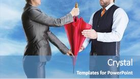  Presentation with umbrella - Amazing slide deck having safety awards - businesswoman gives umbrella to businessman backdrop and a teal colored foreground