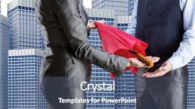  Presentation with umbrella and plastic bag - PPT theme consisting of safety awards - businesswoman gives umbrella to businessman background and a ocean colored foreground