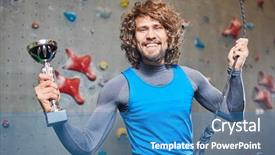  Presentation with climbing - PPT theme having safety awards - young successful winner of climbing background and a teal colored foreground