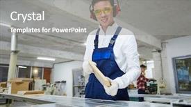  Presentation with carpenter - Presentation theme enhanced with safety boards - cheerful positive handsome young carpenter background and a gray colored foreground