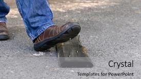  Presentation with worker safety - Presentation theme having safety boots - worker steps on nail outdoors background and a light gray colored foreground