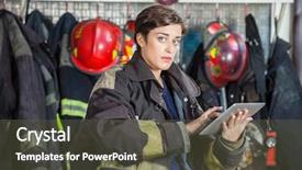  Presentation with fire station - Slides enhanced with safety briefing - portrait of confident firewoman background and a tawny brown colored foreground