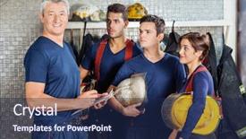  Presentation with fire station - Slide set featuring safety briefing - portrait of happy mature fireman background and a navy blue colored foreground