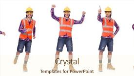  Presentation with construction worker harassment workplace - Colorful PPT theme enhanced with safety briefing - walking young construction worker isolated backdrop and a  colored foreground