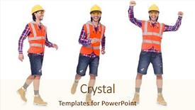  Presentation with walking - Slide deck enhanced with safety briefing - walking young construction worker isolated background and a  colored foreground