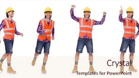  Presentation with construction worker harassment workplace - Slide set with safety briefing - walking young construction worker isolated background and a  colored foreground