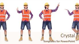  Presentation with safety construction worker in construction - Beautiful slide set featuring safety briefing - young construction worker in helmet backdrop and a lemonade colored foreground