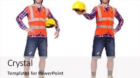  Presentation with safety construction worker in construction - PPT theme with safety briefing - young construction worker in helmet background and a  colored foreground