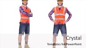  Presentation with construction - Audience pleasing slide set consisting of safety briefing - young construction worker in helmet backdrop and a  colored foreground