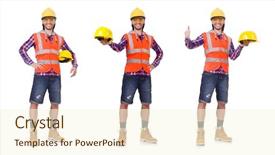  Presentation with construction worker harassment workplace - PPT theme enhanced with safety briefing - young construction worker in helmet background and a cream colored foreground