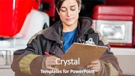  Presentation with fire station - Cool new PPT layouts with safety briefing - young firewoman writing on clipboard backdrop and a coral colored foreground