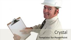  Presentation with construction occupational safety and health - Presentation theme featuring safety building inspection - construction supervisor happy pointing background and a soft green colored foreground