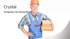  Presentation with safety construction worker in construction - Audience pleasing presentation design consisting of safety carton - mature construction worker holding boxes backdrop and a  colored foreground