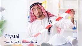  Presentation with project - Slide deck with safety caution tape - arab engineer working on new background and a  colored foreground