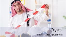  Presentation with project - Beautiful PPT theme featuring safety caution tape - arab engineer working on new backdrop and a  colored foreground