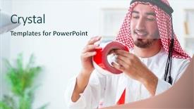  Presentation with caution - Colorful PPT theme enhanced with safety caution tape - arab engineer working on new backdrop and a  colored foreground