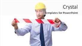  Presentation with architect - PPT theme featuring safety caution tape - young male architect isolated background and a white colored foreground