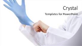  Presentation with safety - Theme enhanced with safety concept - doctor putting on sterile gloves background and a white colored foreground