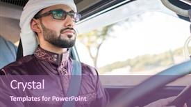  Presentation with sleepy yawning man driving car - Slide deck enhanced with safety culture - young arab man driving background and a violet colored foreground