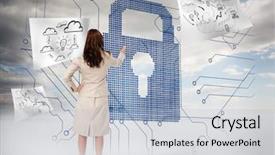  Presentation with safety data - Theme consisting of safety data - businesswoman selecting a giant padlock background and a light blue colored foreground