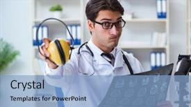  Presentation with hospital safety - Presentation design consisting of safety doctor advising about noise background and a light blue colored foreground