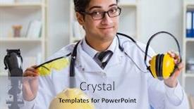  Presentation with noise - Audience pleasing PPT layouts consisting of safety doctor advising about noise cancelling headphones backdrop and a light blue colored foreground