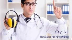  Presentation with noise - Beautiful presentation theme featuring safety-doctor-advising-about-noise backdrop and a sky blue colored foreground