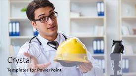  Presentation with safety - Slide set featuring safety doctor advising about wearing background and a light blue colored foreground